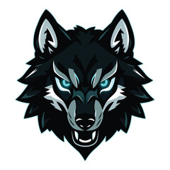 Fierce black wolf head with glowing blue eyes isolated on white background