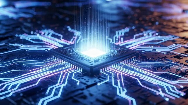 Scifi inspired microchip layout with radiant energy lines symbolizing cuttingedge innovation.