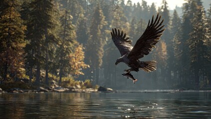 Majestic eagle in flight over a serene lake, carrying a fish.  Golden light bathes the forest and water