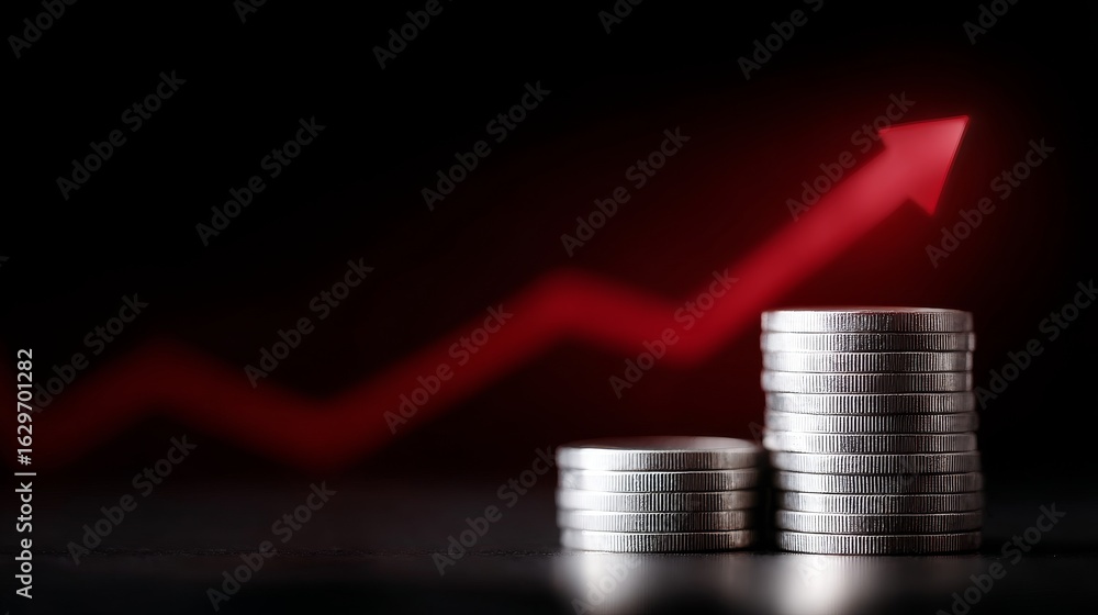 Poster stacks of coins represent financial growth. a rising graph line in the background symbolizes success