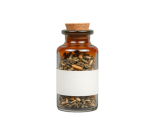 Herb seed mix in a glass apothecary jar with a cork stopper and blank label.