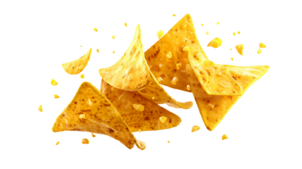 Crispy corn tortilla chips flying through the air