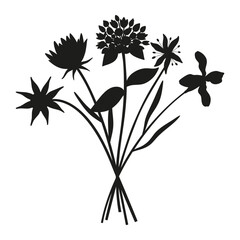 Wildflowers silhouette bouquet. Hand-drawn matthiola, snowdrop, meadow flowers, herbs, and wild plants. Botanical elements for design projects. Minimal style, vector illustration