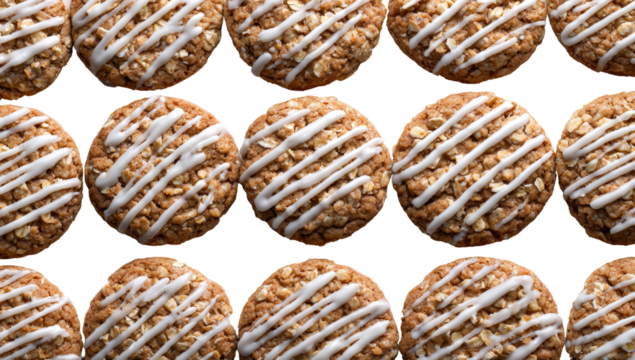 Many round, light-brown cookies, topped with diagonal white icing and oat pieces, arranged in a grid pattern on a black background