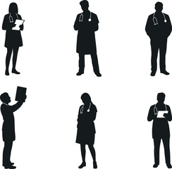doctor, nurse, medical, healthcare, hospital, stethoscope, clipboard, labcoat, worker, chart, posture, attire, vector, graphic, silhouette, medical professional, healthcare worker, doctor pose, stetho
