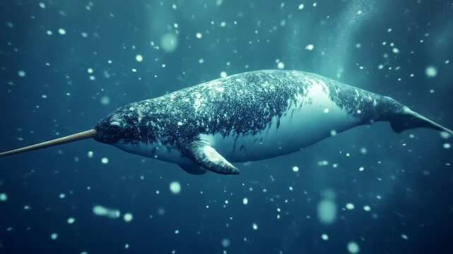 An amazing narwhal gracefully swims underwater, the magical creature surrounded by particles. This horned whale embodies the mystique of the arctic and its icy depths.