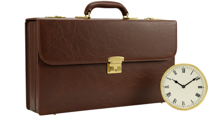Isolated Brown Leather Briefcase and Vintage Clock, Symbolizing Business, Time Management, and Professionalism