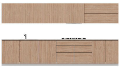 Front View of Contemporary Wooden Kitchen Cabinet Set with Sink and Stove – Transparent Background