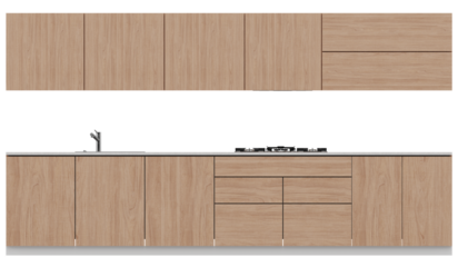 Front View of Contemporary Wooden Kitchen Cabinet Set with Sink and Stove – Transparent Background