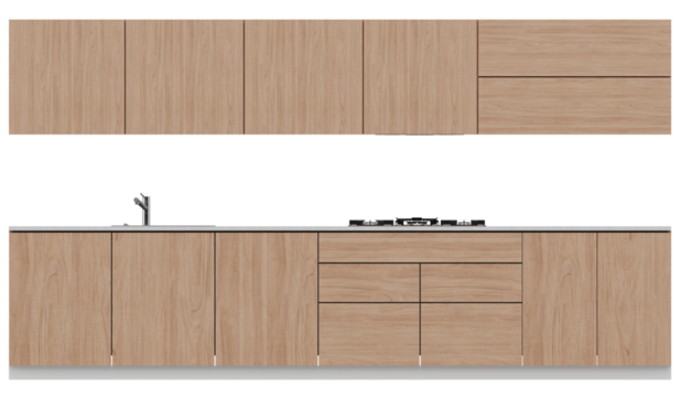 Front View of Contemporary Wooden Kitchen Cabinet Set with Sink and Stove – Transparent Background