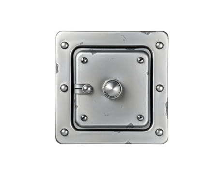 Metallic square access door with rivets, isolated on transparent background