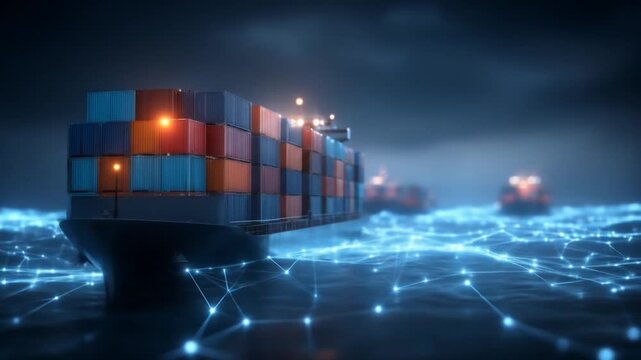 Cargo Ship Sailing Across Digital Ocean Network in Night with Blue and Red Containers Transportation of Goods Via Global Logistics