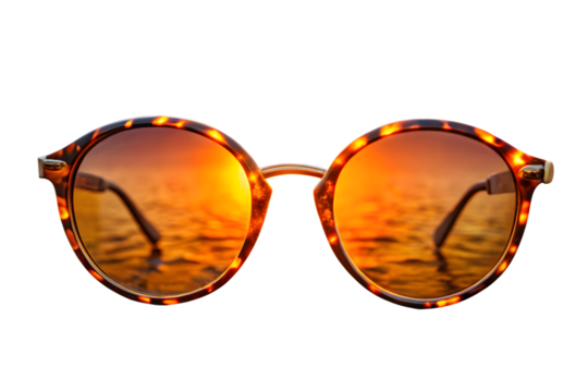Stylish round tortoiseshell sunglasses with orange lenses reflecting a beautiful ocean sunset, isolated on a transparent background, symbolizing summer fashion and travel