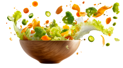 Colorful vegetables and greens flying from a wooden bowl