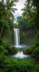 Lush waterfall cascading into a tranquil pool surrounded by vibrant greenery.