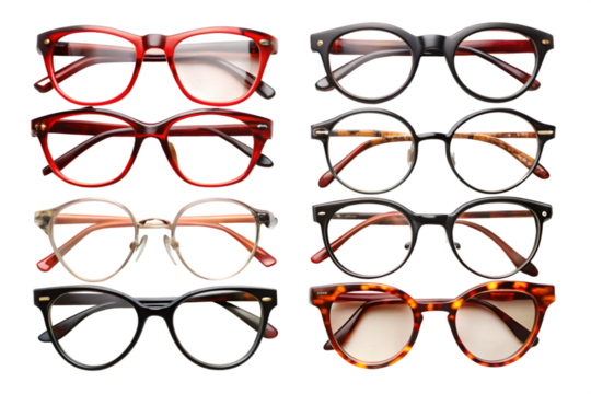 A collection of eight assorted eyeglasses and spectacles with various frame styles and colors, including round, oval, and cateye shapes, isolated on a transparent background