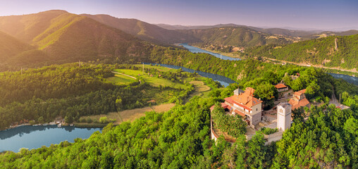 Aerial view of the Serbian Monastery of Dormition or Uspenje, Ovcar Kablar Gorge, with its...