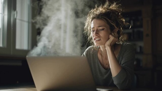 Worried freelance woman working remotely, smoke from overheating laptop at home