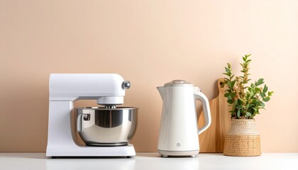 White electric kettle with mug on a kitchen table for a breakfast beverage
