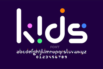 Playful, kids style font, alphabet letters and numbers vector illustration