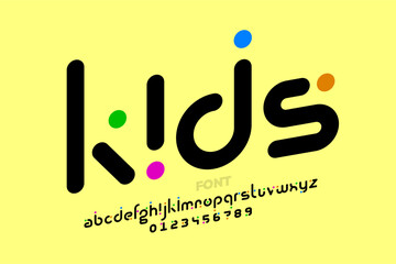 Playful, kids style font, alphabet letters and numbers vector illustration