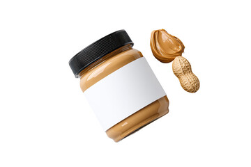 A jar of peanut butter, angled, with a blank label, and two peanuts