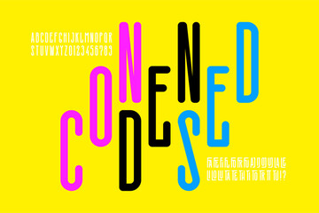 Super Condensed style font, alphabet letters and numbers vector illustration