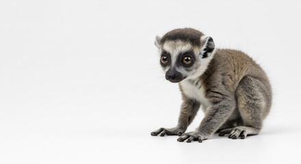 Fototapeta premium Adorable baby lemur sits quietly against a bright white background. AI Generated