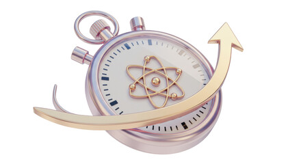 Isolated 3D Render of a Stopwatch with Atom Model and Upward Arrow, Symbolizing Scientific Progress and Timed Innovation