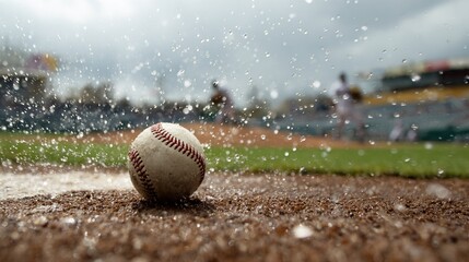A baseball sits on a rain-soaked pitcher's mound, with blurred figures of players and a stadium in the background under a stormy sky