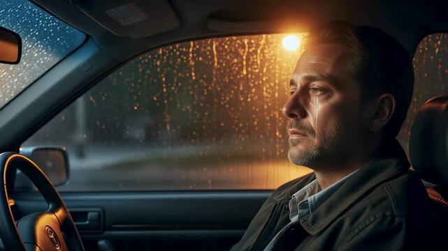 Man sits in car at rainy stoplight, tears trace cheeks of crying driver while wipers pace window, soft streetlamp colors lonely crying driver pause against silent night around crying driver.