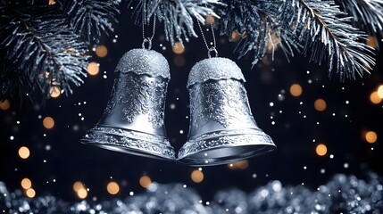 Beautiful silver bells hang from a snowy pine tree with glimmering lights creating a festive atmosphere during winter