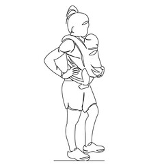 One continuous single drawing line art flat doodle mother, fitness, healthy, mom, female, sport, active. Isolated image hand draw contour on a white background
