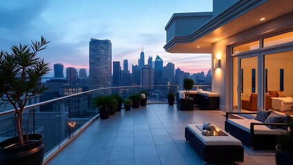 Glamorous house terrace during blue hour, skyline backdrop, soft lighting