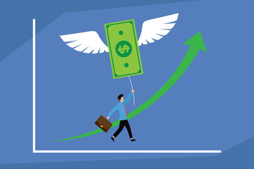 Businessman Holding onto a Flying Dollar Bill with an Upward Chart Arrow 2d flat vector illustration