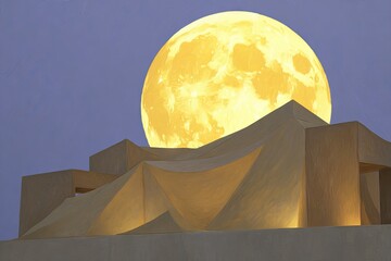 Full yellow moon over a modern, beige architectural structure