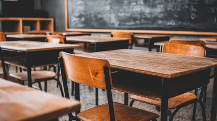 Empty classroom with neatly arranged desks
