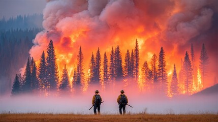 Fototapeta premium Firefighters facing massive wildfire blaze in dense forest during misty sunrise.