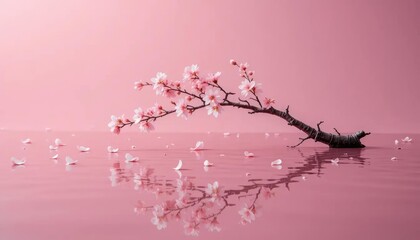 Soft pink cherry blossoms on slender branches, elegantly arranged against a minimalist backdrop. Soft light creates gentle shadows on the water, enhancing the flowers' beauty.