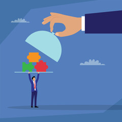Giant Hand Serving Three Puzzle Pieces on a Plate to a Businessman 2d flat vector illustration
