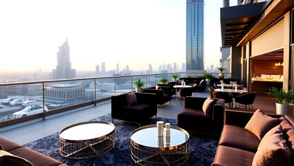 Glamorous rooftop with velvet outdoor seating, metallic coffee tables