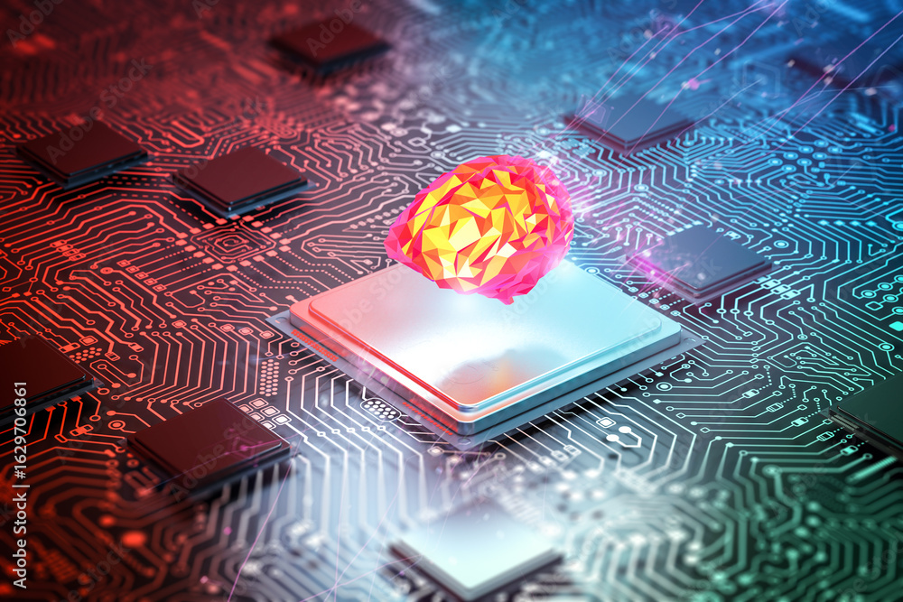 Poster artificial intelligence brain on cpu chipset with circuit background