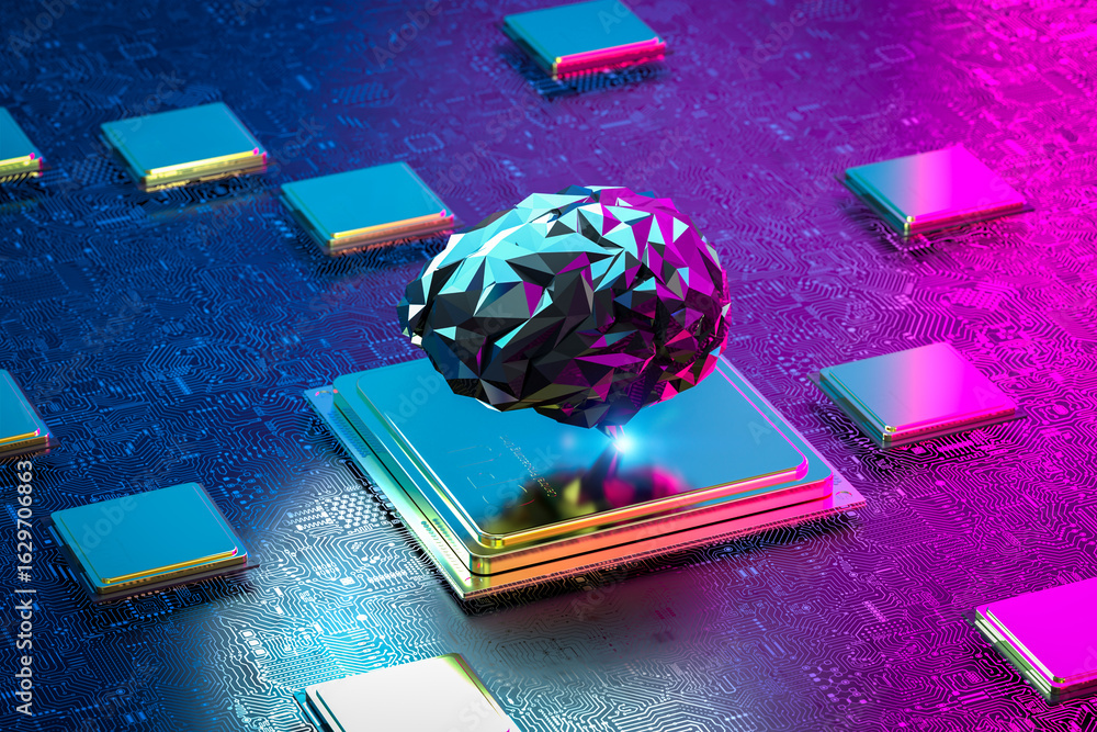Poster artificial intelligence brain on cpu chipset with circuit background