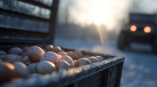 Crate full of eggs sits on a snowy ground in the fading light of sunset. A vehicle with headlights on is visible in the distance, casting a warm glow over the scene. - Powered by Adobe