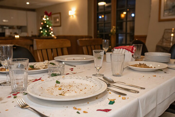 Messy Dinner Table After a Festive Meal, Featuring Empty Plates, Leftover Food Crumbs, Glasses, Condiments, and a Small Christmas Tree in the Background