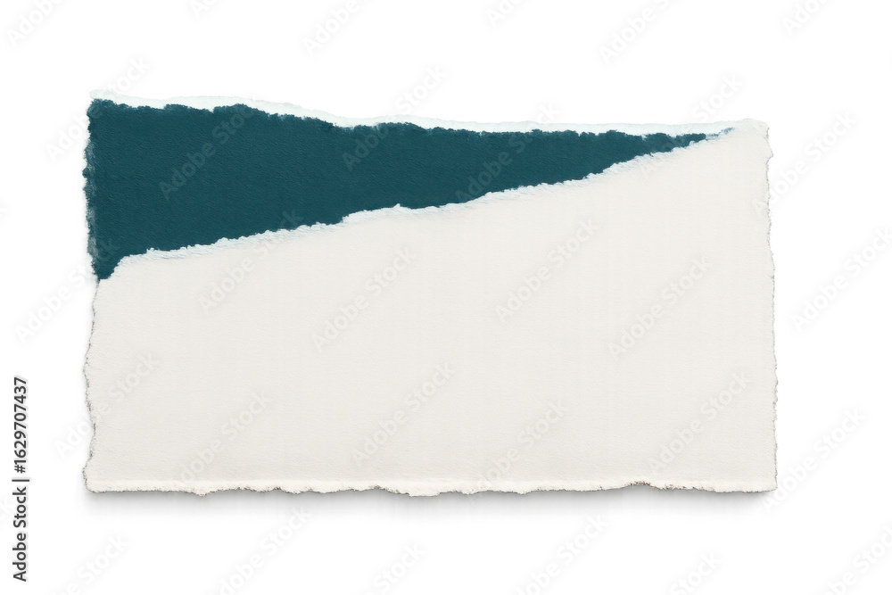 Poster piece of torn white paper with teal backing on transparent background, creating a simple yet effecti
