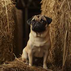 Obraz premium Pug exploring a rustic farm, sitting beside a bale of hay, charming countryside feel, ultra-detailed, UHD 8K 