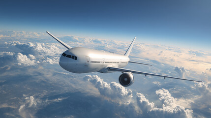 Obraz premium A commercial passenger jet is cruising at high altitude above the clouds, with sunlight reflecting off its fuselage. The aircraft's sleek design is highlighted against a clear sky.