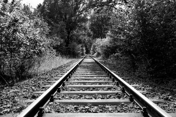 A lonely abandoned railway line between Halver and Oberbr&uuml;gge (Sauerland, Germany). Straight tracks in the middle of the forest on a summer day. High-contrast black-and-white vintage photograph.