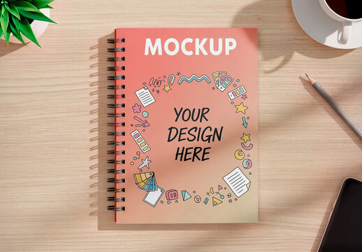Notepad Mockup on Wooden Surface &ndash; Top View